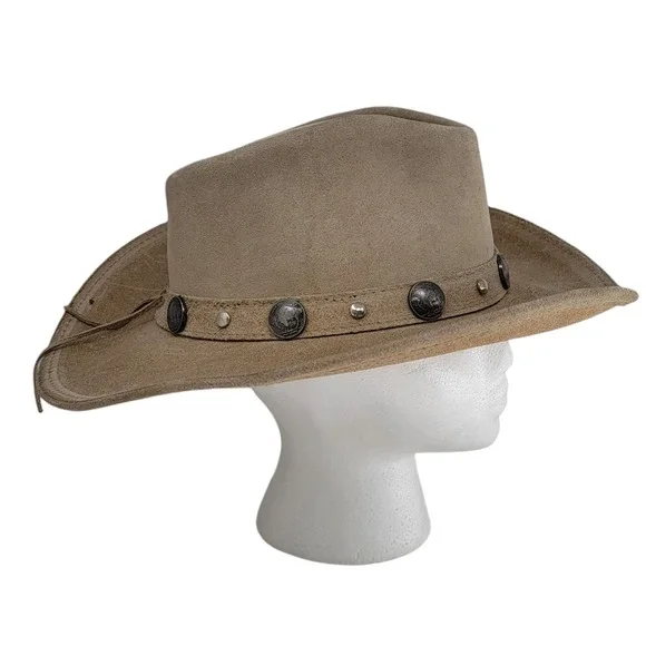 Minnetonka Outback Buffalo Nickel Leather Cowboy Hat Buckskin Tan Size Large - Picture 3 of 12